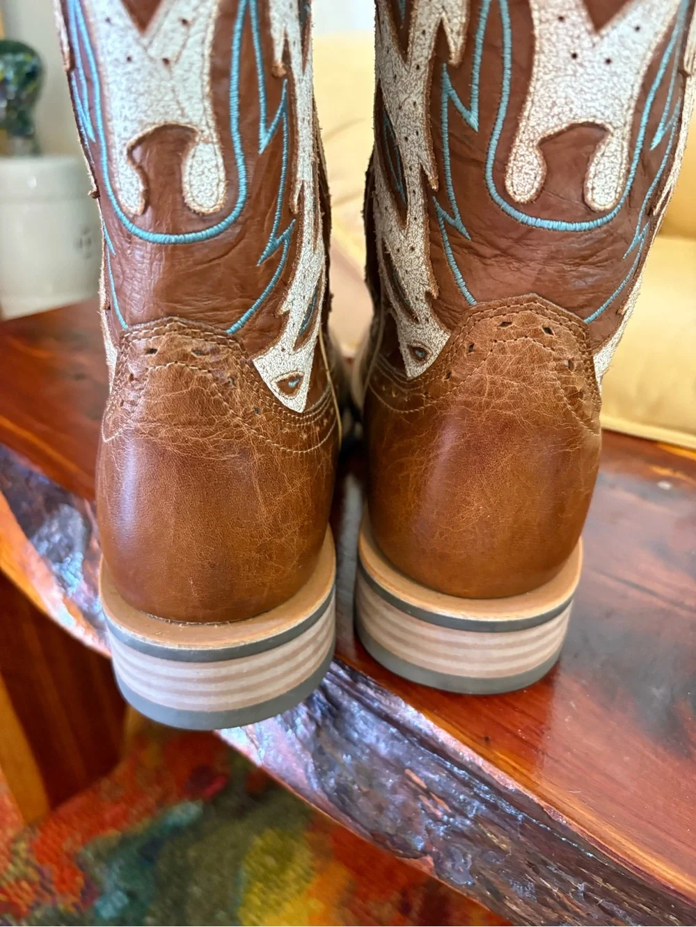 Brown Western Cowboy Boots with White & Turquoise Stitching